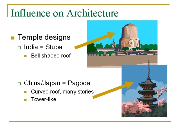 Influence on Architecture n Temple designs q India = Stupa n q Bell shaped