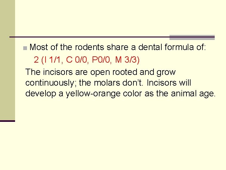 ■ Most of the rodents share a dental formula of: 2 (I 1/1, C