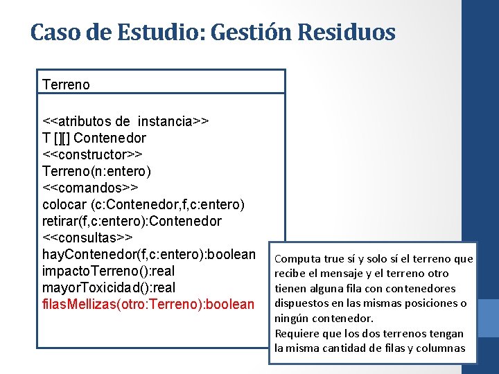 Caso de Estudio: Gestión Residuos Terreno <<atributos de instancia>> T [][] Contenedor <<constructor>> Terreno(n: