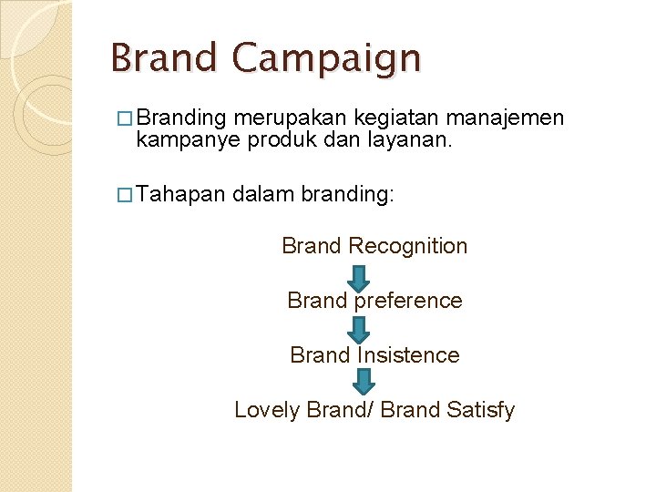 Brand Campaign � Branding merupakan kegiatan manajemen kampanye produk dan layanan. � Tahapan dalam