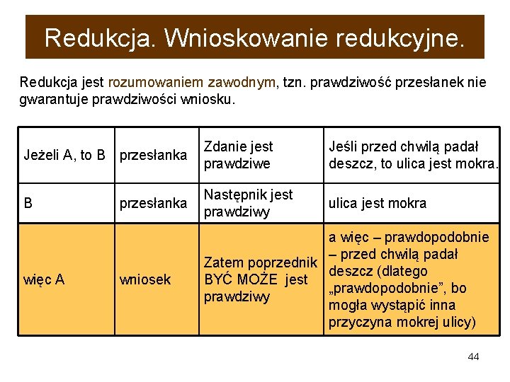 Redukcja. Wnioskowanie redukcyjne. Redukcja jest rozumowaniem zawodnym, tzn. prawdziwość przesłanek nie gwarantuje prawdziwości wniosku.