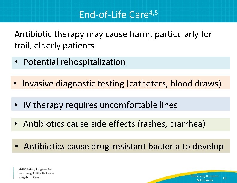 End-of-Life Care 4, 5 Antibiotic therapy may cause harm, particularly for frail, elderly patients