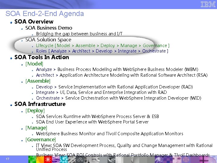 SOA End-2 -End Agenda SOA Overview SOA Business Demo Bridging the gap between business