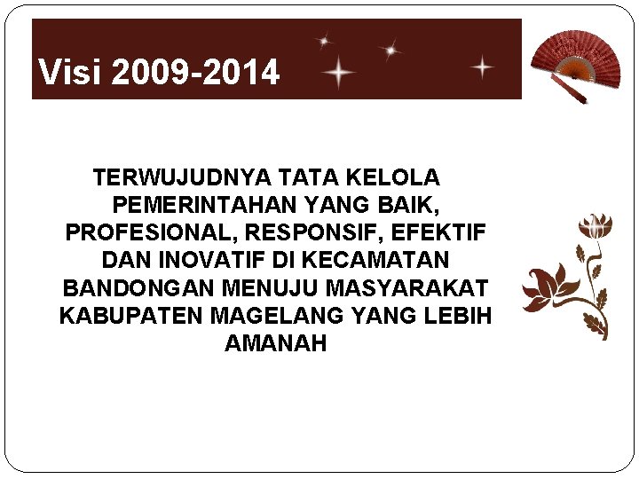 Visi 2009 -2014 TERWUJUDNYA TATA KELOLA PEMERINTAHAN YANG BAIK, PROFESIONAL, RESPONSIF, EFEKTIF DAN INOVATIF