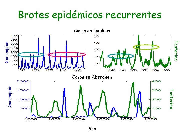 Brotes epidémicos recurrentes Casos. Londres en Londres Sarampión Tosferina Sarampión Casos en Aberdeen Año