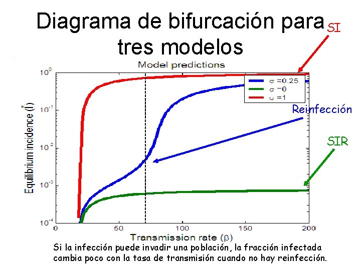 Diagrama de bifurcación para SI tres modelos Reinfección SIR Si la infección puede invadir