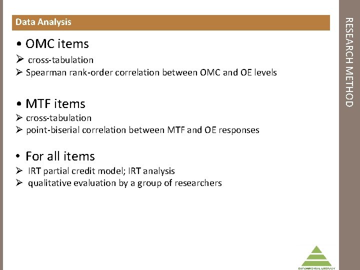  • OMC items Ø cross-tabulation Ø Spearman rank-order correlation between OMC and OE