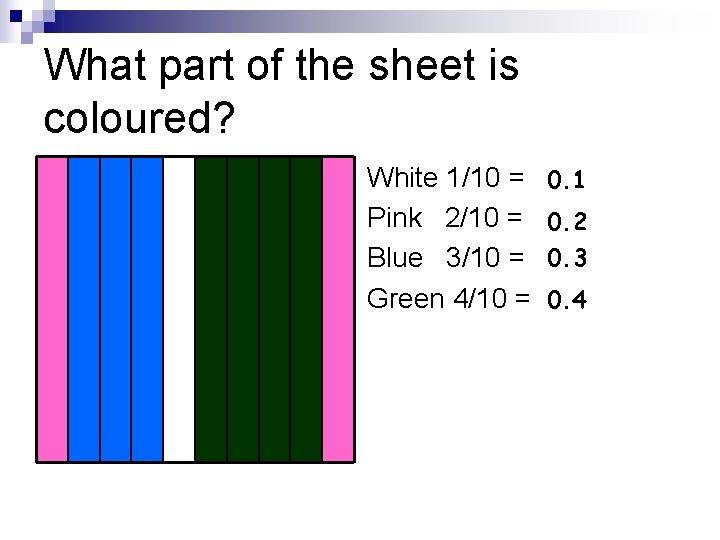 What part of the sheet is coloured? White 1/10 = Pink 2/10 = Blue