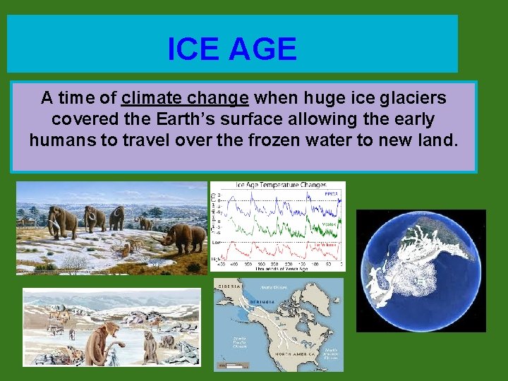 ICE AGE A time of climate change when huge ice glaciers covered the Earth’s