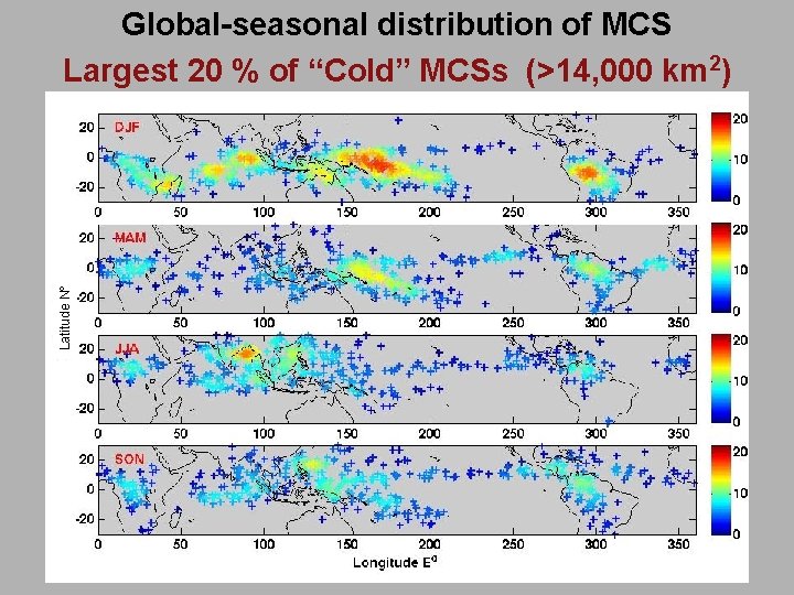 Latitude Nº Global-seasonal distribution of MCS Largest 20 % of “Cold” MCSs (>14, 000