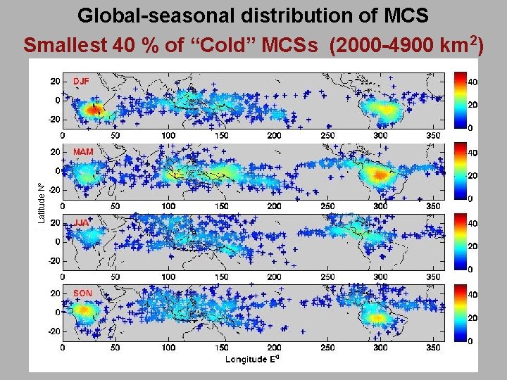 Latitude Nº Global-seasonal distribution of MCS Smallest 40 % of “Cold” MCSs (2000 -4900