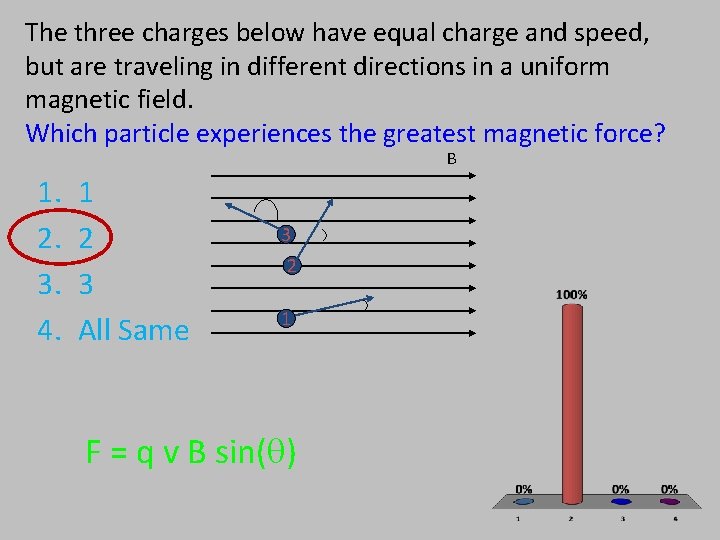 The three charges below have equal charge and speed, but are traveling in different