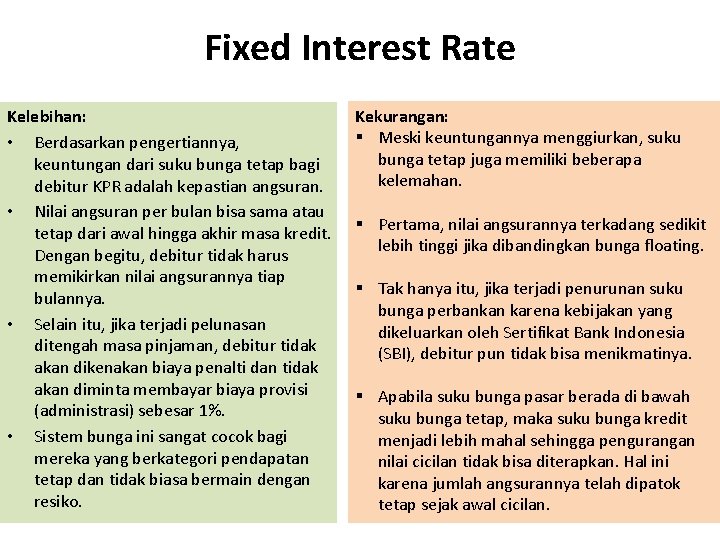 Fixed Interest Rate Kelebihan: • Berdasarkan pengertiannya, keuntungan dari suku bunga tetap bagi debitur