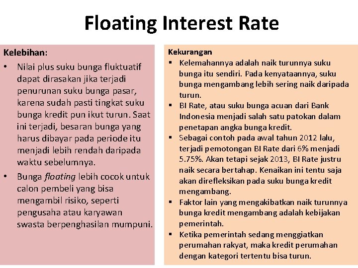 Floating Interest Rate Kelebihan: • Nilai plus suku bunga fluktuatif dapat dirasakan jika terjadi