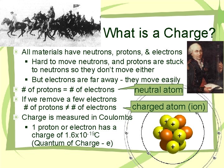 What is a Charge? All materials have neutrons, protons, & electrons § Hard to