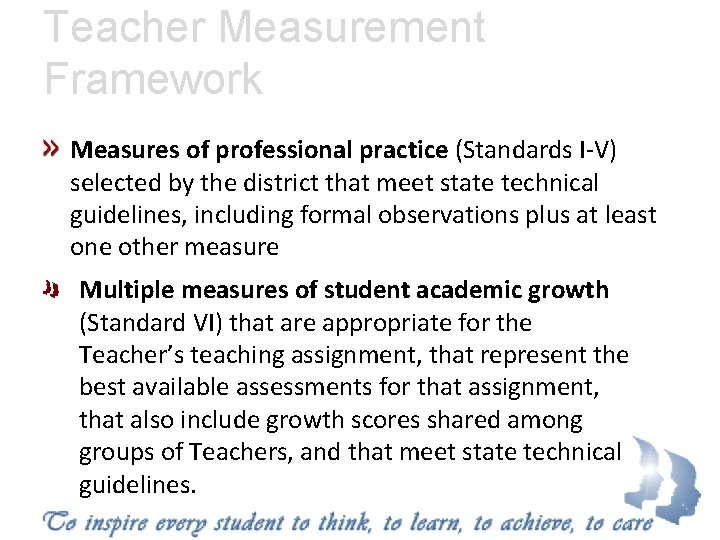 Teacher Measurement Framework Measures of professional practice (Standards I-V) selected by the district that