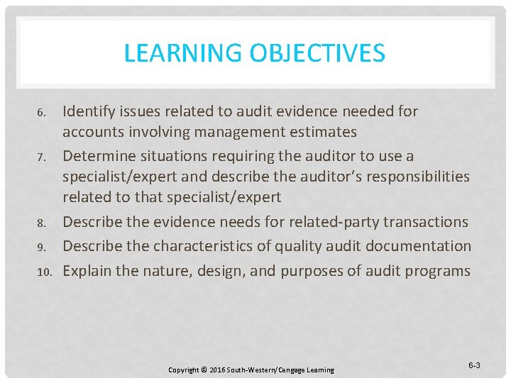 LEARNING OBJECTIVES 6. 7. 8. 9. 10. Identify issues related to audit evidence needed