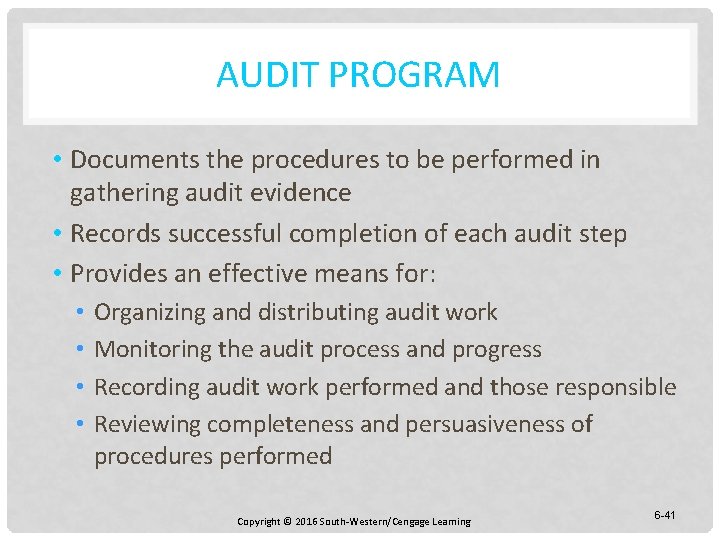 AUDIT PROGRAM • Documents the procedures to be performed in gathering audit evidence •