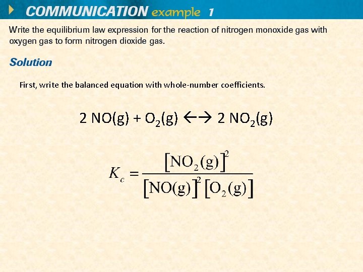 First, write the balanced equation with whole-number coefficients. 2 NO(g) + O 2(g) 2
