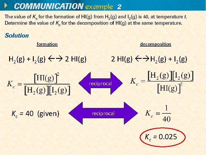 formation H 2(g) + I 2(g) 2 HI(g) decomposition 2 HI(g) H 2(g) +