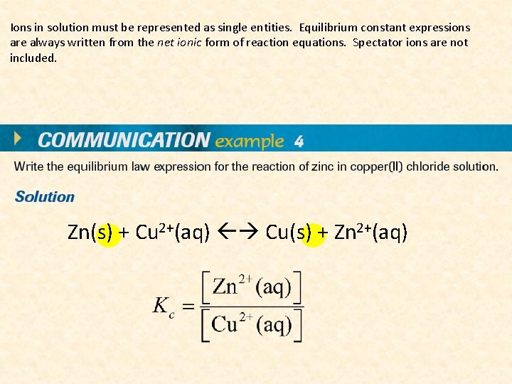 Ions in solution must be represented as single entities. Equilibrium constant expressions are always