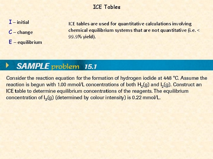 ICE Tables I – initial C – change E – equilibrium ICE tables are