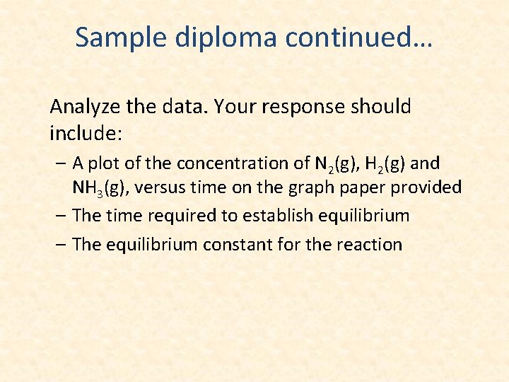 Sample diploma continued… Analyze the data. Your response should include: – A plot of