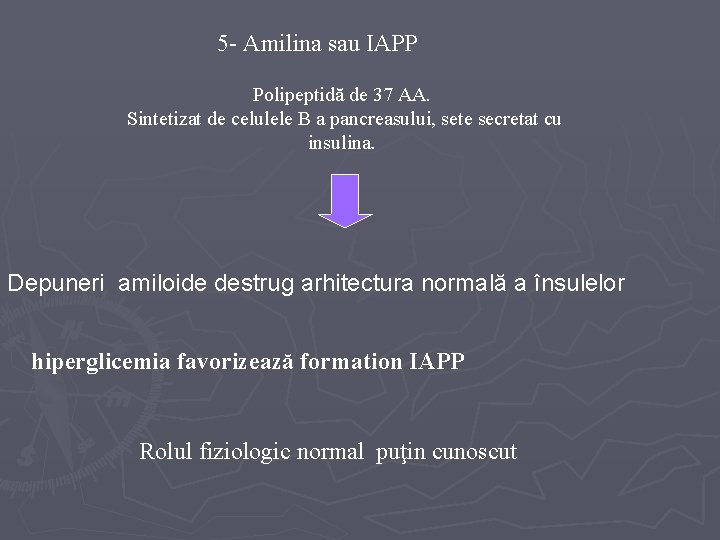 5 - Amilina sau IAPP Polipeptidă de 37 AA. Sintetizat de celulele B a