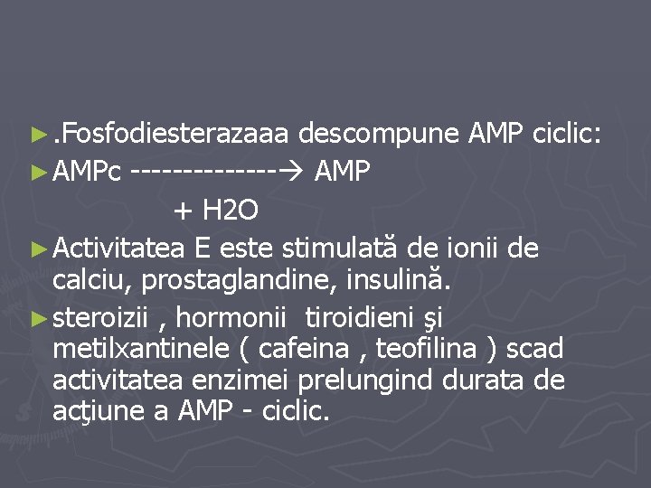 ►. Fosfodiesterazaaa descompune AMP ciclic: ► AMPc ------- AMP + H 2 O ►