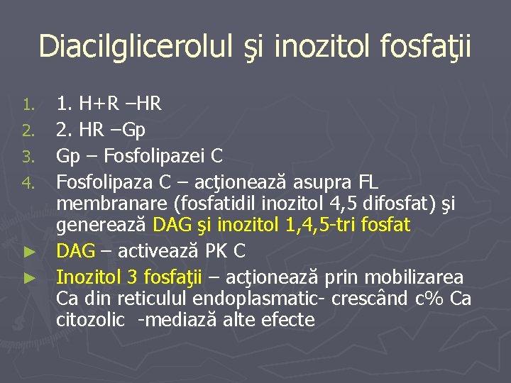 Diacilglicerolul şi inozitol fosfaţii 1. 2. 3. 4. ► ► 1. H+R –HR 2.