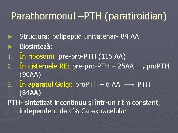 Parathormonul –PTH (paratiroidian) Structura: polipeptid unicatenar- 84 AA ► Biosinteză: 1. În ribosomi: pre-pro-PTH