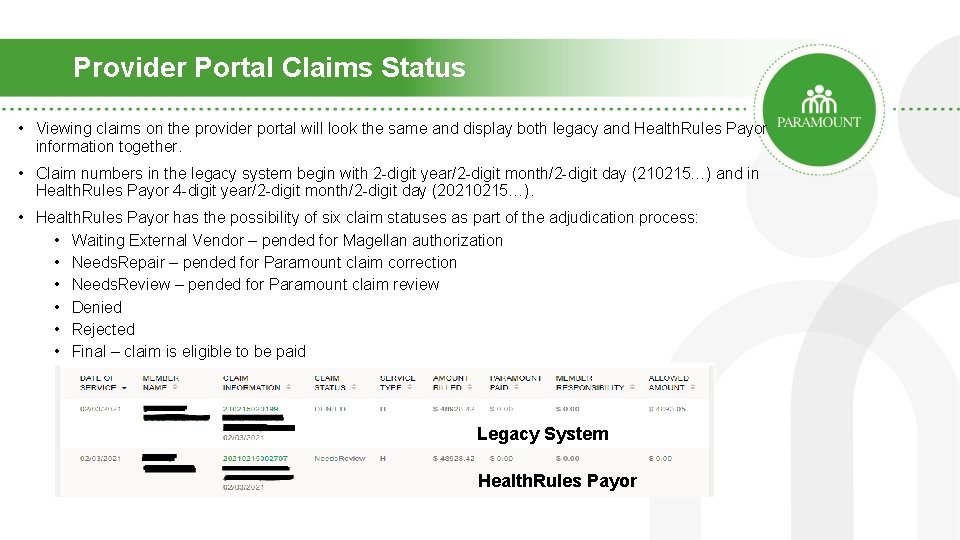 Provider Portal Claims Status • Viewing claims on the provider portal will look the