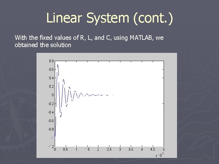 Linear System (cont. ) With the fixed values of R, L, and C, using