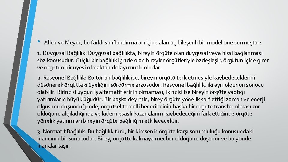  • Allen ve Meyer, bu farklı sınıflandırmaları içine alan üç bileşenli bir model