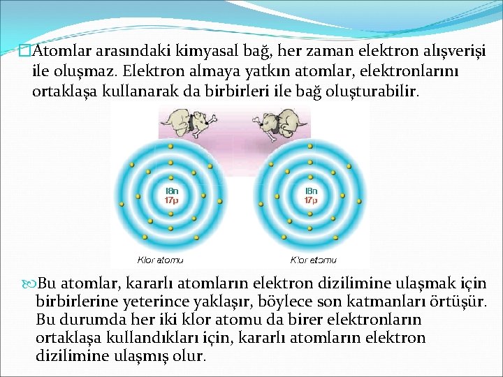 �Atomlar arasındaki kimyasal bağ, her zaman elektron alışverişi ile oluşmaz. Elektron almaya yatkın atomlar,