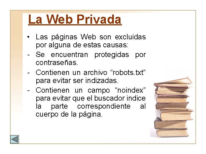 La Web Privada • Las páginas Web son excluidas por alguna de estas causas: