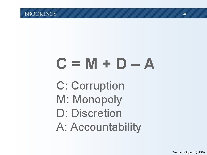 25 C=M+D–A C: Corruption M: Monopoly D: Discretion A: Accountability Source: Klitgaard (1998) 