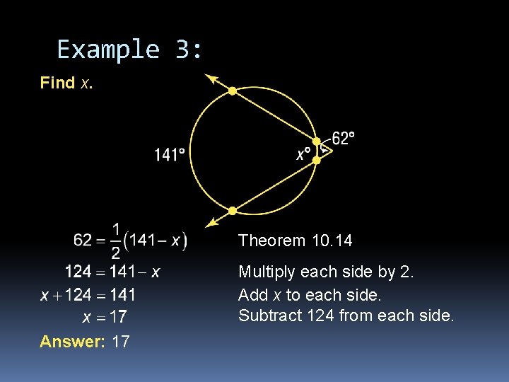 Example 3: Find x. Theorem 10. 14 Multiply each side by 2. Add x