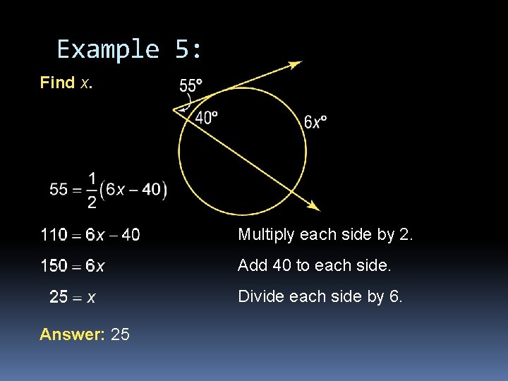 Example 5: Find x. Multiply each side by 2. Add 40 to each side.