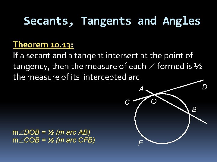 Secants, Tangents and Angles Theorem 10. 13: If a secant and a tangent intersect