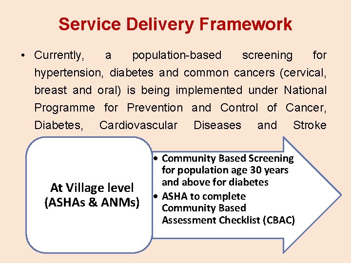 Service Delivery Framework • Currently, a population-based screening for hypertension, diabetes and common cancers