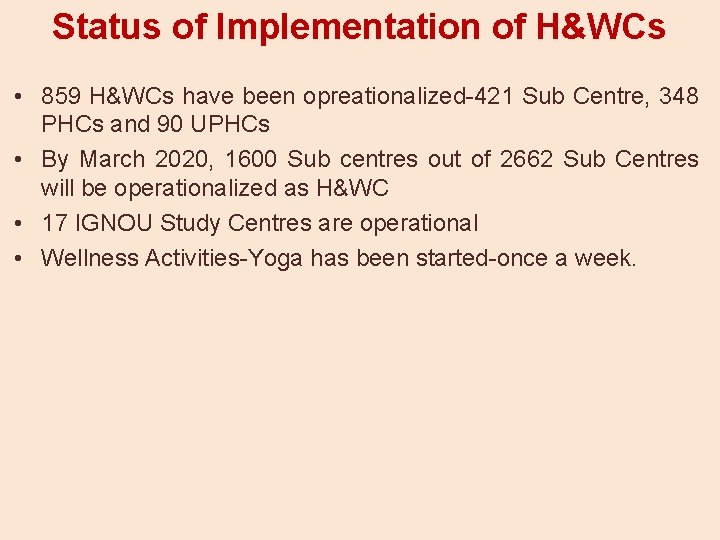 Status of Implementation of H&WCs • 859 H&WCs have been opreationalized-421 Sub Centre, 348