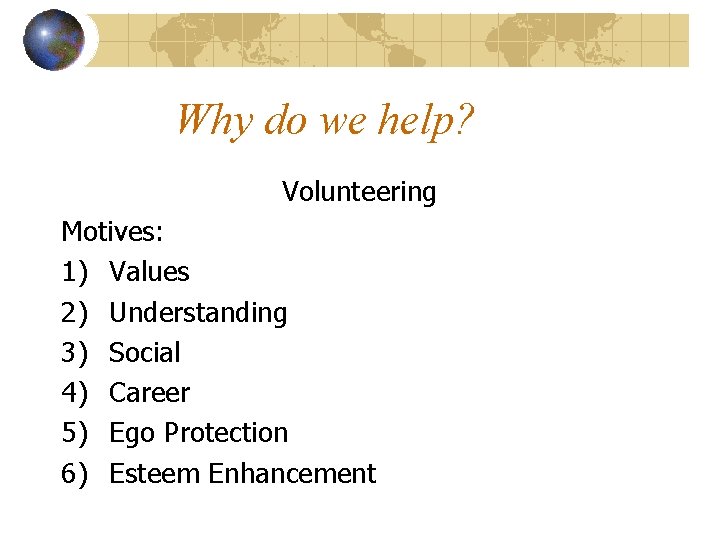 Why do we help? Volunteering Motives: 1) Values 2) Understanding 3) Social 4) Career