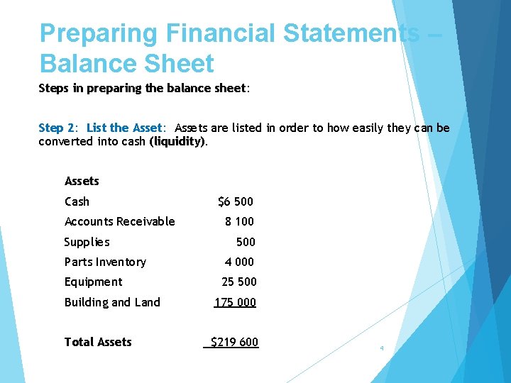 Preparing Financial Statements – Balance Sheet Steps in preparing the balance sheet: Step 2:
