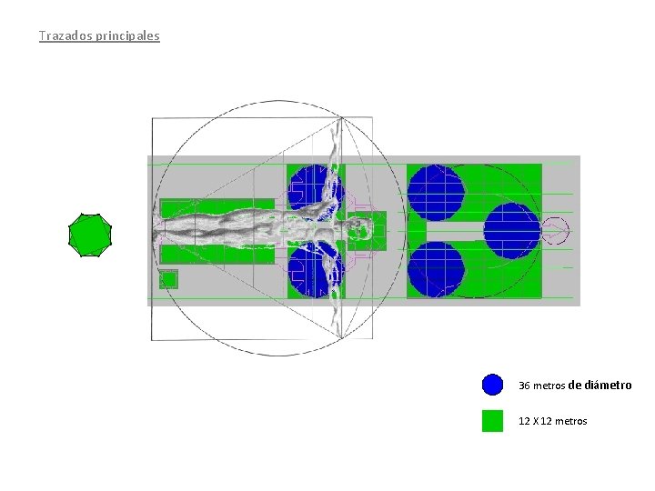 Trazados principales 36 metros de diámetro 12 X 12 metros 