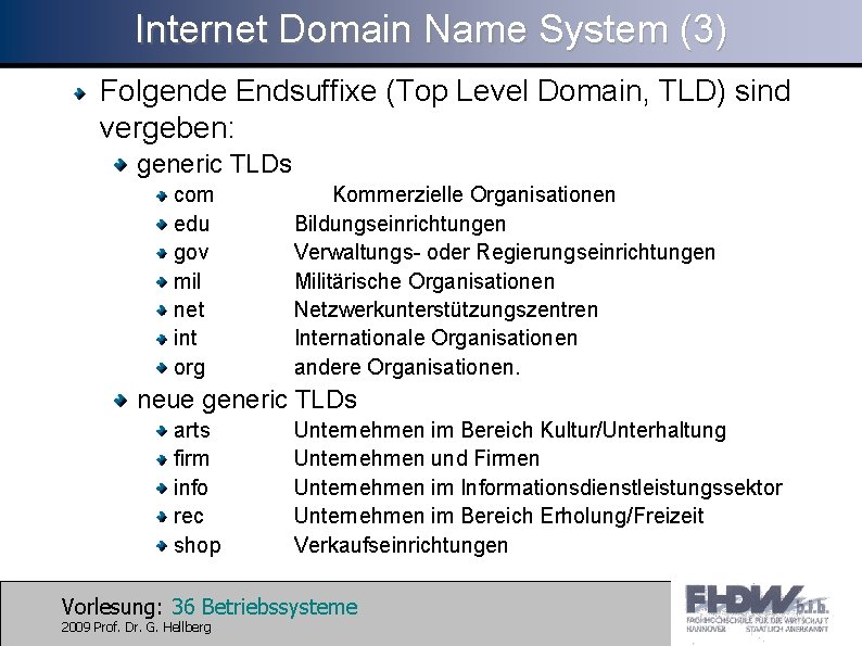 Internet Domain Name System (3) Folgende Endsuffixe (Top Level Domain, TLD) sind vergeben: generic