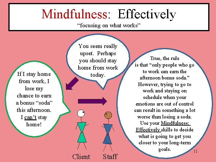 Mindfulness: Effectively “focusing on what works” If I stay home from work, I lose
