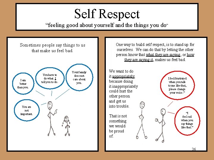 Self Respect “feeling good about yourself and the things you do” Sometimes people say