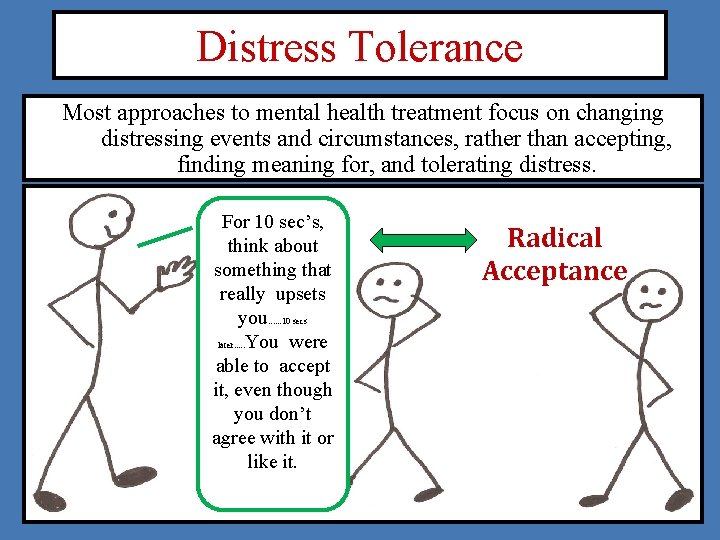 Distress Tolerance Most approaches to mental health treatment focus on changing distressing events and