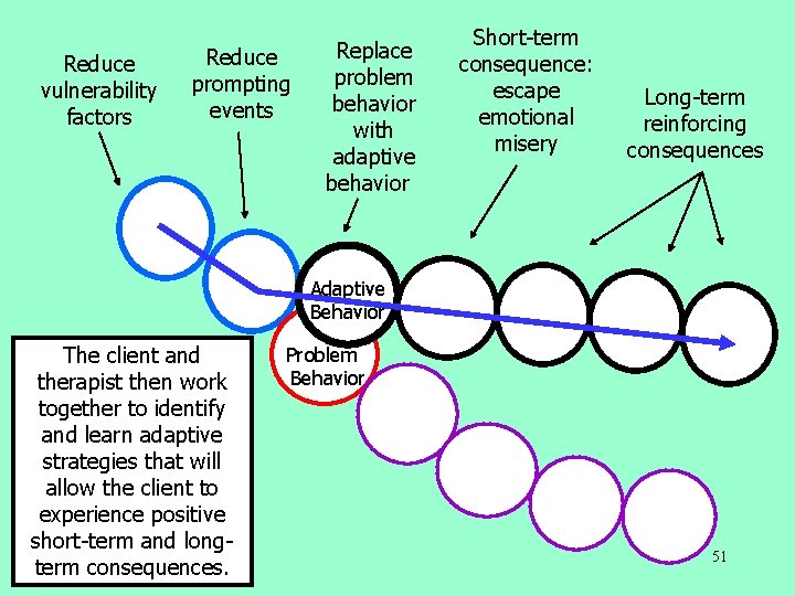 Reduce vulnerability factors Reduce prompting events Replace problem behavior with adaptive behavior Short-term consequence: